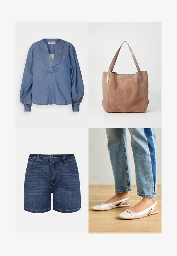 Blouse en denim bleu clair avec un décolleté en V profond, des manches ballon et une coupe décontractée. Présente des coutures structurées le long de l'encolure et des poignets.; Shorts en denim bleu foncé avec bouton frontal, fermeture éclair, passants pour ceinture et poches avant, présentés sur un fond blanc.; Ballerines slingback rose pâle avec un bout pointu, fabriquées en un matériau semblable au cuir lisse. Présentent des découpes sur les côtés et un talon plat.; Anna Field by Zalando LEATHER - Cabas - taupe