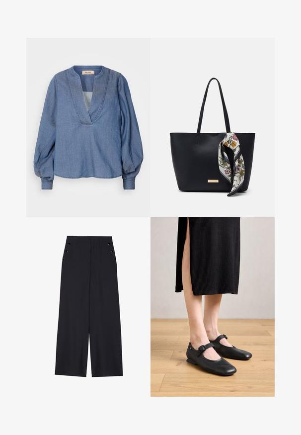 Blusa de mezclilla azul claro con escote en V profundo, mangas globo y corte relajado. Presenta costuras estructuradas a lo largo del escote y los puños.; Pantalones de pierna ancha en tejido azul marino oscuro, con una textura suave, pliegues delanteros y ojales decorativos en tono dorado en los bolsillos laterales.; Bailarinas negras de charol con un pequeño tacón, que presentan una punta redondeada y un detalle de hebilla lateral. El diseño texturizado realza su atractivo visual.; Bolso de tote de cuero negro con dos asas, decorado con una bufanda de seda floral atada en el asa y un acento metálico con el logotipo en el frente.