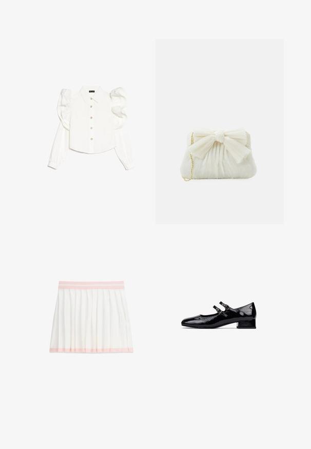 Witte blouse met lange mouwen en geplooide mouwen, klassieke kraag, knoopsluiting aan de voorkant en subtiele bloemvormige knoopaccenten. Gladde stoftextuur.; Witte geplooide rok met lichtroze tailleband en zoomdetail, kniehoogte, plat liggend op een witte achtergrond.; Zwarte gepatineerde leren Mary Jane-schoenen met een lage blokhak, dubbel bandontwerp en ronde metalen gespen. Glad, glanzend oppervlak.; Witte geplooide clutchtas met een opvallende strikdetail en een gouden kettinghengsel. Zachte textuur met een geplooid ontwerp aan de voorkant.