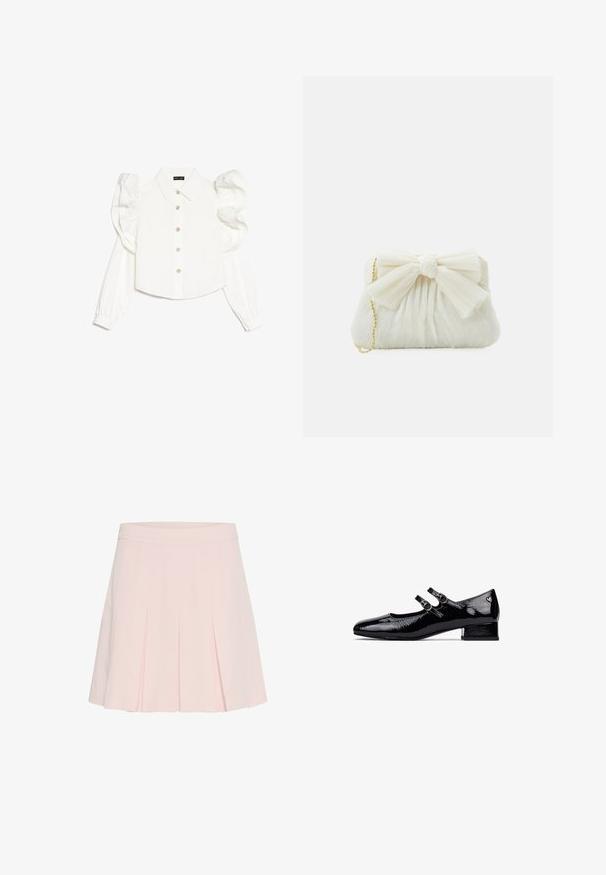 Witte blouse met lange mouwen en geplooide mouwen, klassieke kraag, knoopsluiting aan de voorkant en subtiele bloemvormige knoopaccenten. Gladde stoftextuur.; Lichtroze geplooide rok met een aansluitende tailleband. Gemaakt van zachte stof, het heeft scherpe plooien en een gladde textuur.; Zwarte gepatineerde leren Mary Jane-schoenen met een lage blokhak, dubbel bandontwerp en ronde metalen gespen. Glad, glanzend oppervlak.; Witte geplooide clutchtas met een opvallende strikdetail en een gouden kettinghengsel. Zachte textuur met een geplooid ontwerp aan de voorkant.