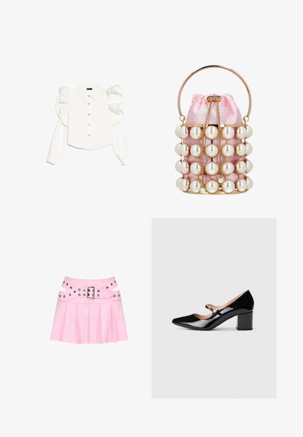 Blusa blanca de manga larga con mangas abullonadas, cuello clásico, cierre frontal con botones y sutiles detalles florales en los botones. Textura de tela lisa.; Minifalda plisada rosa con cinturilla ancha de doble capa, hebilla plateada y múltiples ojales para sujeción y decoración.; Zapatos de tacón Mary Jane de charol negro con punta afilada, tacón bloque medio y una hebilla decorativa dorada en la correa.; Bolso pequeño tipo cubo de satén rosa con marco dorado, perlas grandes falsas, cordón de cadena dorada y asa redonda dorada.