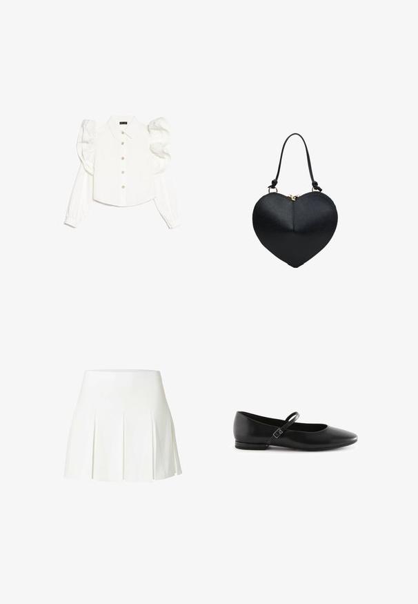 Witte blouse met lange mouwen en geplooide mouwen, klassieke kraag, knoopsluiting aan de voorkant en subtiele bloemvormige knoopaccenten. Gladde stoftextuur.; Witte geplooide minirok met hoge taille, gemaakt van een gestructureerde stof.; Zwarte leren balletschoenen met een puntige neus, platte zool en een enkele enkelband met een rechthoekige gesp. Glad oppervlak overal.; Zwarte handtas in hartvorm met een enkele band en gouden ritssluiting, afgebeeld tegen een witte achtergrond.