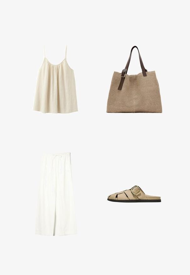 Haut ample sans manches de couleur crème, avec de fines bretelles spaghetti et un encolure froncée, confectionné dans un tissu léger à texture.; Pantalon en lin blanc à jambes larges avec taille élastique et cordon de serrage, doté de poches latérales et d'une fente à l'avant.; Sandale beige en daim à enfiler avec un design tissé ouvert, une grande boucle dorée sur le côté et une semelle plate noire.; Sac cabas tissé beige avec deux bretelles en cuir marron foncé réglables et une boucle argentée sur une des bretelles.