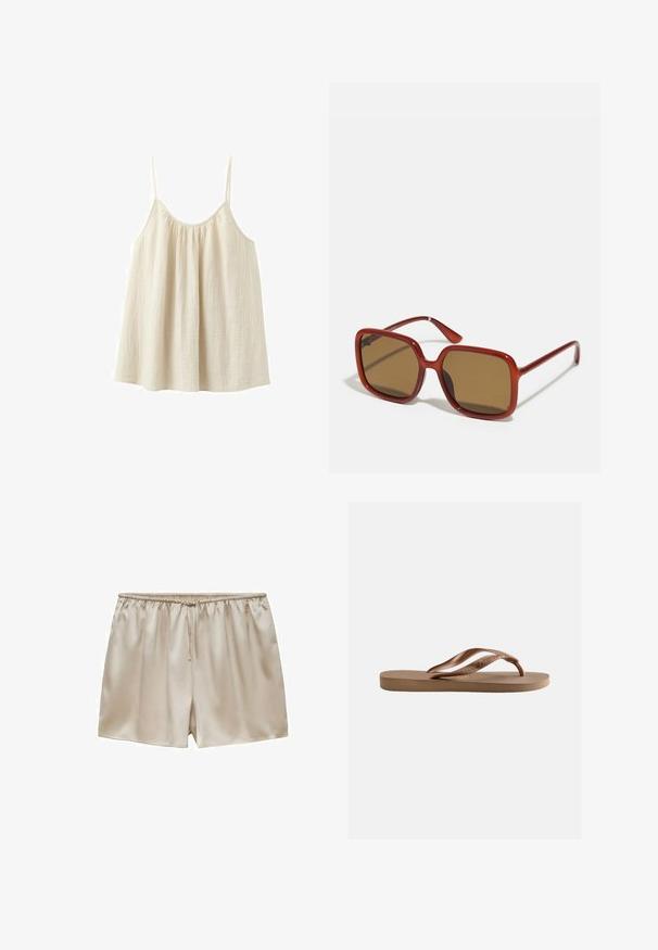 Losse, mouwloze crèmekleurige top met dunne spaghetti-bandjes en een geplooide halslijn, gemaakt van een lichtgewicht, gestructureerde stof.; Beige satijnen shorts met elastische tailleband en trekkoord, gladde textuur, ontspannen pasvorm en korte lengte.; Enkele beige teenslipper met een gestructureerde zool en merknaam op het bandje, op een effen lichte achtergrond.; Rode vierkante zonnebril met bruin getinte lenzen. Dikke, glanzende monturen en slanke armen met kleine details aan de zijkant voor visuele interesse.