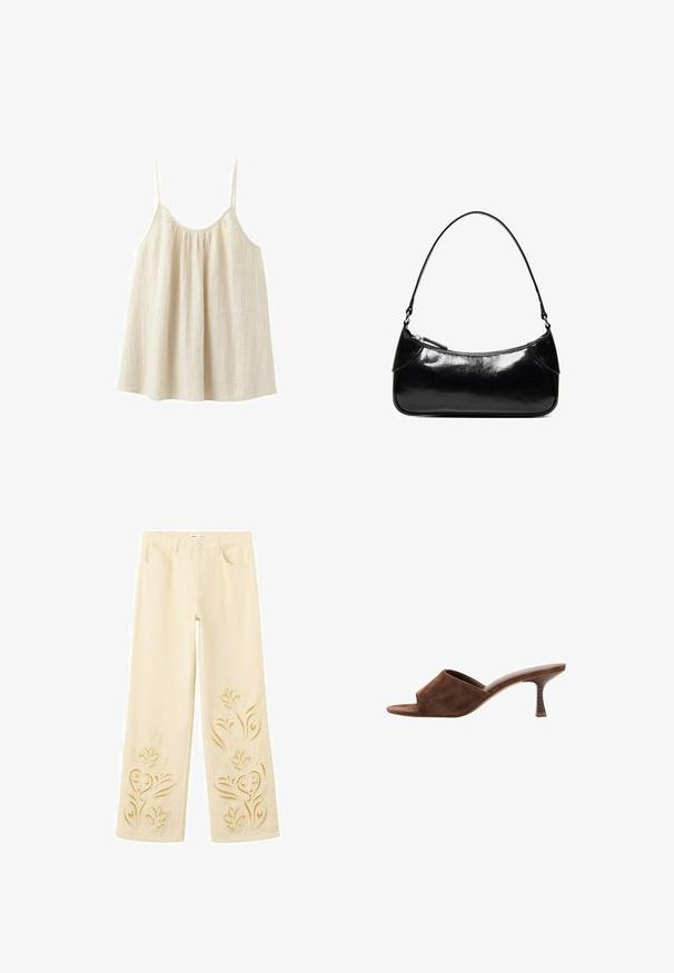 Haut ample sans manches de couleur crème, avec de fines bretelles spaghetti et un encolure froncée, confectionné dans un tissu léger à texture.; Pantalon large crème avec broderie florale ajourée sur le bas des jambes et les poches avant.; Mule en daim marron à bout ouvert, talon en bois incurvé de hauteur moyenne et design à enfiler sur fond blanc.; Sac à épaule en cuir noir brillant avec un seul compartiment zippé et une fine bandoulière arquée.