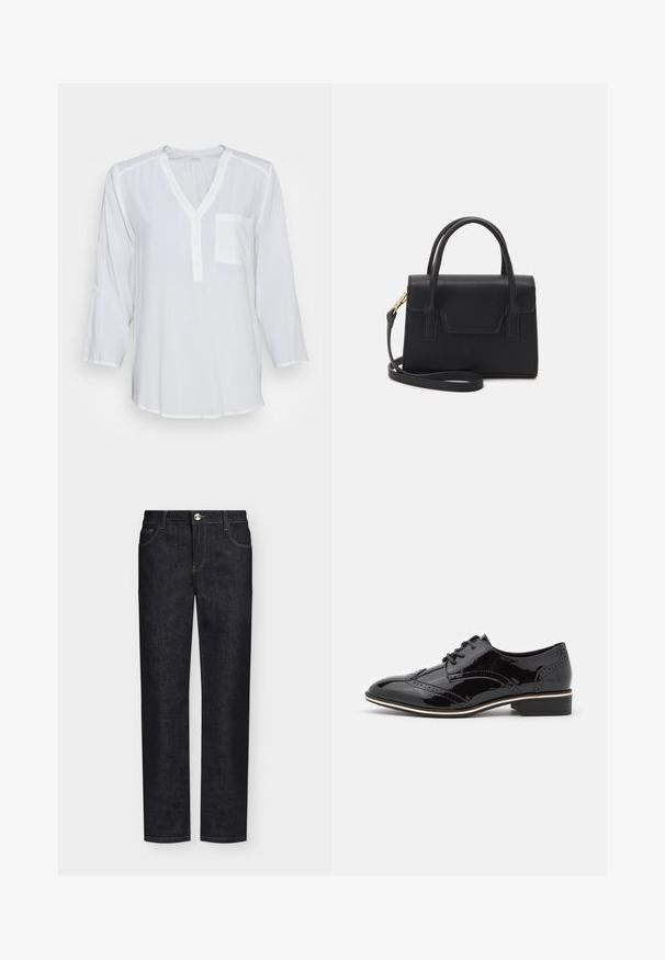 Camisa blanca de manga larga hecha de una tela ligera. Escote en pico con un bolsillo en la parte delantera. Detalles de botones en el cuello y en los puños de las mangas.; Vaqueros negros de pitillo recto con bolsillos delanteros, trabillas para cinturón y cierre de botón sobre un fondo liso.; Zapato oxford de charol negro con detalles de brogue, cierre con cordones, punta redondeada y un tacón bajo con una línea contrastante alrededor de la base.; Bolso estructurado negro de cuero con un asa superior, correa de hombro desmontable y un detalle de tapa en la parte frontal. Acentos en dorado.