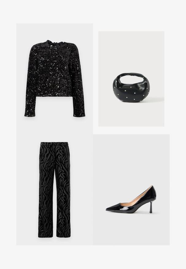 Top negro con lentejuelas que presenta mangas largas y un diseño corto. Un lazo de cinta de seda en el escote añade detalle a la tela texturizada.; Pantalones negros con un patrón texturizado y en espiral. Fabricados con un material suave, tienen un corte de pierna recta y una cinturilla elástica para mayor comodidad.; Zapato de charol negro de punta con tacón stiletto delgado y de altura media sobre fondo blanco.; Bolso de mano de cuero negro con forma redondeada, decorado con detalles de tachuelas plateadas y un asa corta. Textura lisa y cierre con cremallera.