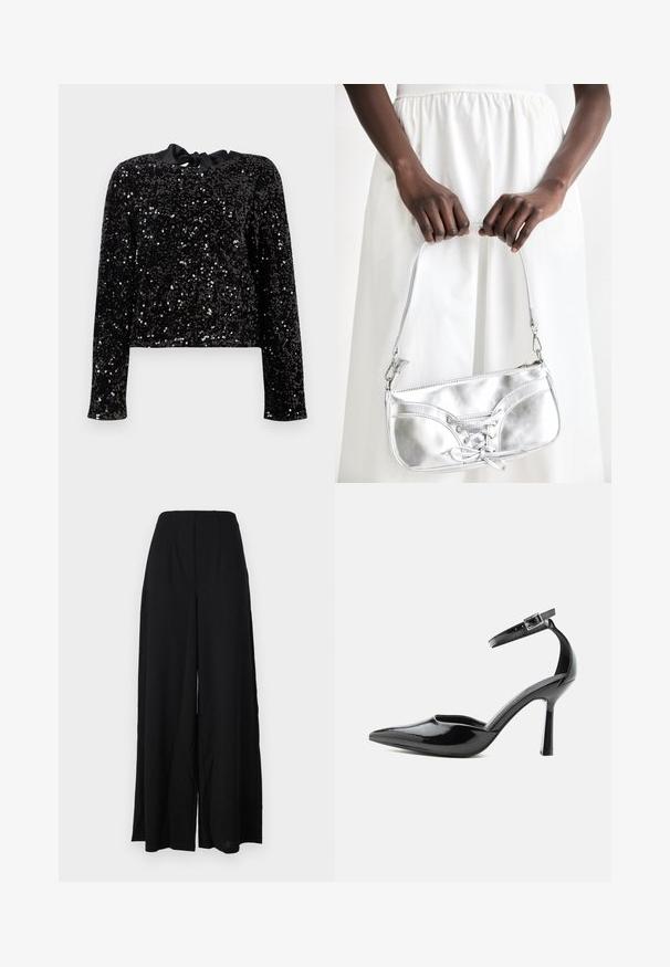 Top negro con lentejuelas que presenta mangas largas y un diseño corto. Un lazo de cinta de seda en el escote añade detalle a la tela texturizada.; Pantalones de pierna ancha negros, confeccionados con una tela texturizada, que presentan una cintura alta con pliegues y bordes limpios para una silueta elegante.; Zapato de tacón alto de charol negro con punta puntiaguda, correa en el tobillo y hebilla plateada, tacón de aguja, vista lateral sobre fondo liso.; Bolso metálico plateado con detalle de cordones, que presenta un diseño elegante y una correa corta. El bolso está sostenido con las manos, mostrando su textura.