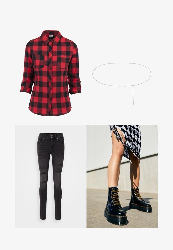 Rot- und schwarzkariertes Flanellhemd, lange Ärmel mit hochgerollten Manschetten, spitzes Kragen, zwei Brusttaschen, durchgehende Knopfleiste, weiche Textur.; Schwarze, enge Jeans aus Denim mit einem distressed Design, das mehrere Risse und eine enganliegende Silhouette aufweist. Doppelknopfverschluss an der Taille.; Schwarze Leder-Plateau-Stiefel mit klobigen Sohlen, goldenen Schnürsenkeln und orangefarbenen Nähten, kombiniert mit einem karierten Rock, der einen seitlichen Schlitz zeigt.; Silberne Kettengürtel mit ovalem Glieddesign. Verfügt über eine herabhängende Kette mit einem kleinen Anhänger am Ende. Glatte Textur, minimalistischer Stil.