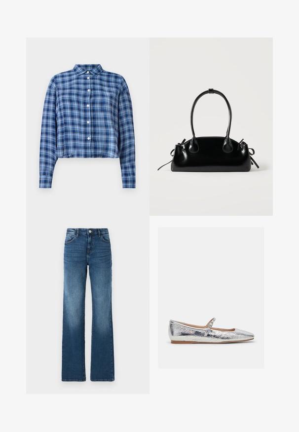 Blauwe en zwarte geruite langemouwen cropped blouse met puntige kraag en witte knopen aan de voorkant op een witte achtergrond.; Blauwe spijkerbroek met een rechte pijp, vijf zakken, lichte vervaging, knoopsluiting en contrasterende stikseldetails.; Zilveren metallic ballerina met een amandelvormige neus, een dunne band over de wreef en een gestructureerde afwerking. Platte zool en een minimalistisch ontwerp.; Kleine zwarte glanzende handtas met twee lange hengsels en zijkant trekkoord details op een effen lichte achtergrond.