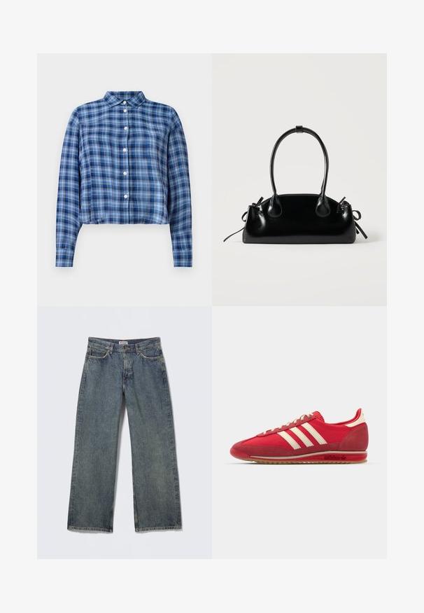 Blå og sort ternet langærmet cropped skjorte med spidse kraver og hvide knapper ned ad fronten på en hvid baggrund.; Blå denim jeans med vide ben, høj talje, fem-lomme design og subtil slid på stoffet. Mærkeetiket synlig på linningen.; Rød atletisk sneakers med en tekstureret overdel, tre hvide striber, rund tå og gummisål med logodetaljer på siden.; Lille sort blank håndtaske med to lange håndtag og snøre-detaljer i siden på en ensfarvet lys baggrund.