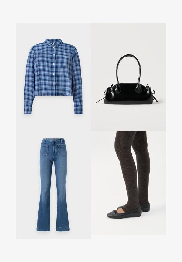 Chemise courte à manches longues en tartan bleu et noir avec col pointu et boutons blancs sur le devant, sur fond blanc.; Jean évasé en denim de couleur bleue avec une taille mi-haute, comportant deux poches arrière et un ourlet net. Texture lisse et design classique.; Jambes portant des leggings côtelés foncés associés à des ballerines noires avec de petits détails en nœud sur fond blanc.; Petit sac à main noir brillant avec deux longues anses et des détails à cordon sur les côtés sur un fond clair uni.