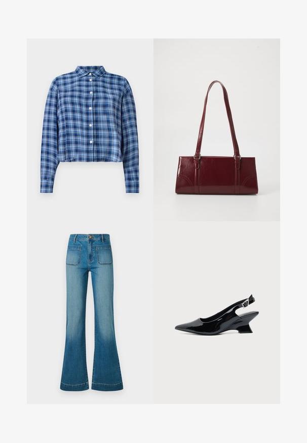 Chemise courte à manches longues en tartan bleu et noir avec col pointu et boutons blancs sur le devant, sur fond blanc.; Jean en denim bleu taille haute avec poches plaquées à l'avant et jambes évasées, comportant une fermeture à bouton et à zip.; Chaussure slingback en cuir verni noir avec bout pointu et petit talon bloc incliné sur fond clair uni.; Sac à main bordeaux en matériau brillant, de forme rectangulaire, avec deux anses et des accents légèrement courbés à l'avant.