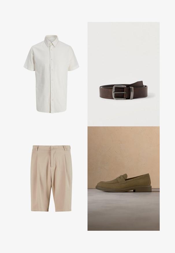 Chemise blanche à manches courtes avec col pointu et sept boutons visibles sur le devant.; Shorts beige ajustés avec plis, dotés d'une fermeture à bouton et d'un design classique. Texture lisse, coupe longueur genou, sans poches visibles.; Mocassin en daim marron flottant au-dessus d'un tapis beige texturé dans un salon avec une table basse en bois et des livres empilés.; Ceinture en cuir marron foncé avec une boucle rectangulaire en argent, enroulée et placée sur un fond clair et neutre.