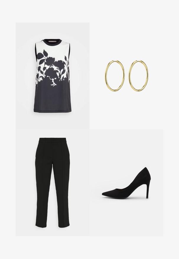 Anna Field Blusa - black/white; Stylein BEN - Pantalones - black; Zapato de tacón alto de ante negro con punta afilada, textura suave y tacón de aguja delgado. Diseño clásico con una silueta elegante.; Pendientes de aro de oro con una forma suave y redondeada, que presentan un acabado pulido y un cierre seguro para facilitar su uso.