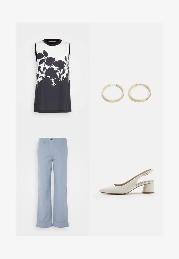 Anna Field Bluse - black/white; Hellblaue Leinenhose mit geradem Bein, Knopfverschluss und umgeschlagenem Saum. Glatte Textur, entworfen für legere Kleidung.; Weiße Leder Slingback-Pumps mit spitzem Zehenbereich, mittelhohem Blockabsatz und verstellbarem Riemen. Sanfte Textur; minimalistisches Design.; Goldfarbene Creolen mit einer glatten, strukturierten Oberfläche. Kreisförmiges Design mit minimalistischem Stil. Verfügt über einen klappbaren Verschluss für sicheren Halt.