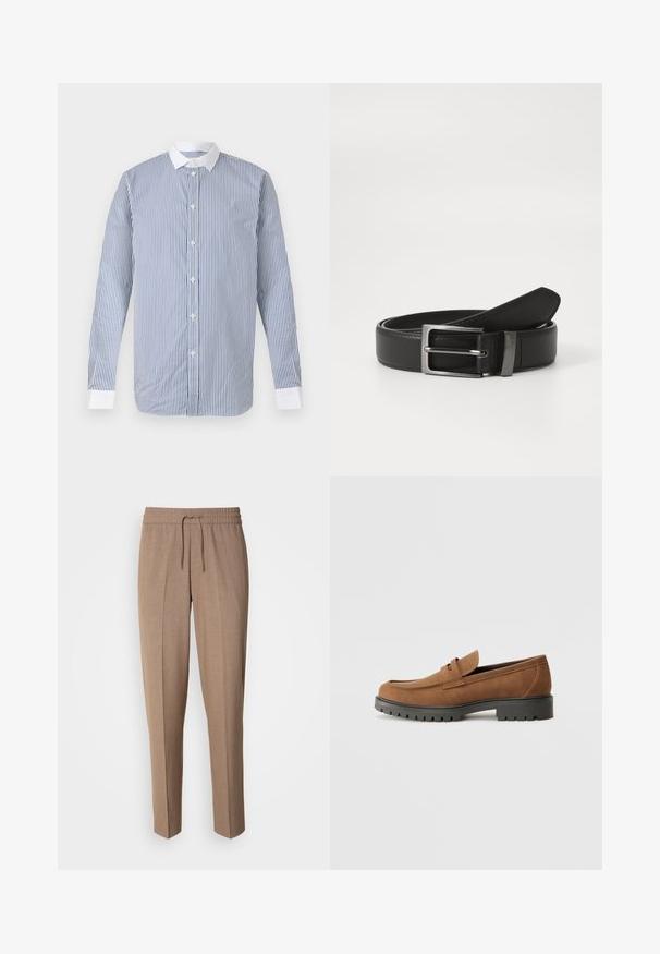 Overhemd met lange mouwen en knopen, met verticale blauw-witte strepen, een witte kraag en witte manchetten, op een effen achtergrond.; Bruine, geweven stoffen broek met een relaxte pasvorm, trekkoord taille en plooien aan de voorkant. Rechte pijpen en geen zichtbare zakken of hardware.; Bruine suede instappers met een ronde neus en een lage zwarte rubberen zool, met een decoratieve band en stiksel details op het bovenwerk.; Zwarte leren riem met een zilveren metalen gesp, met een gladde afwerking en een klassiek ontwerp. De riem is netjes opgevouwen.