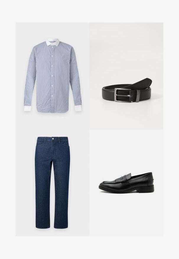 Langærmet skjorte med knapper, med lodrette blå og hvide striber, hvid krave og hvide manchetter på en ensfarvet baggrund.; Mørkeblå lige ben jeans med forlommer, bælteløkker og en metalknaplukning i taljen mod en ensfarvet baggrund.; Sort læder herre loafers med kvast detalje, rundet tå, lav hæl og glat poleret finish, vist fra siden på hvid baggrund.; Sort læderbælte med en sølvmetal spænde, der har en glat overflade og et klassisk design. Bæltet er pænt foldet.