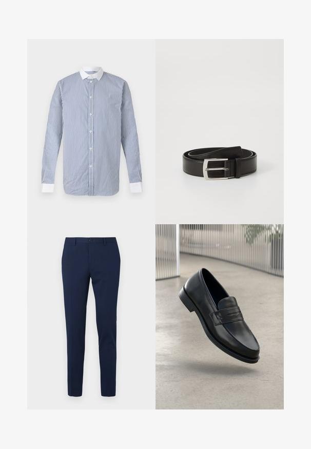 Camisa de manga larga con botones, con rayas verticales azules y blancas, cuello blanco y puños blancos sobre un fondo liso.; Pantalones de vestir color azul marino con diseño de pierna recta, hechos de un tejido suave. Cuentan con cierre frontal de botón y dos bolsillos laterales.; Mocasín de cuero negro con textura suave, punta puntiaguda y una correa decorativa a lo largo del empeine. Suela ligera, diseño minimalista.; Cinturón de cuero negro con una textura suave, que cuenta con una hebilla rectangular de metal plateado y un diseño clásico.