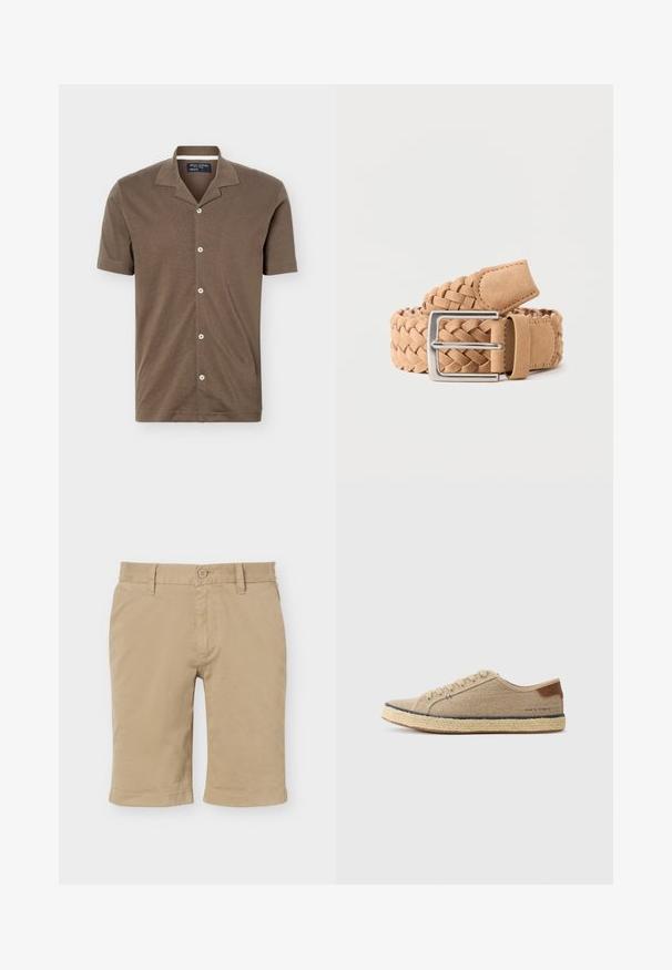 Chemise marron à manches courtes avec col de style campagnard, cinq boutons blancs sur le devant, et tissu doux au toucher.; Shorts en coton beige jusqu'au genou avec fermeture par bouton et fermeture éclair, passants pour ceinture, et poches latérales sur fond blanc.; Baskets en toile beige avec un bout arrondi, semelle en jute, accent en cuir marron au talon et couture ton sur ton sur le côté.; Ceinture tressée en daim marron clair avec une boucle rectangulaire en métal argenté, roulée sur un fond uni clair.