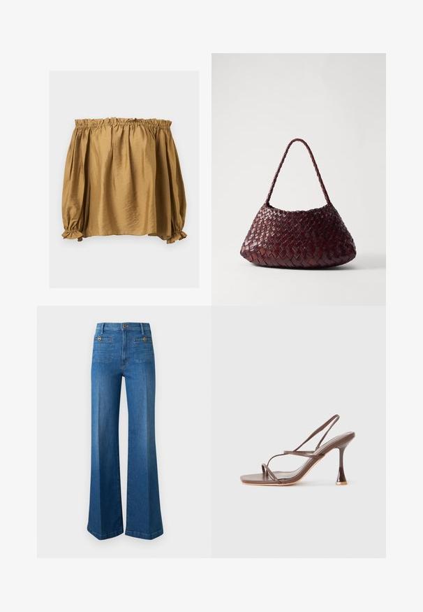 Off-shoulder bluse med lange ærmer i skinnende lysebrunt stof med elastisk, rynket halsudskæring og manchetter.; Blå jeans med høj talje og vide ben med frontlommer og dekorative knapper på ensfarvet baggrund.; Brune stroppede højhælede sandaler med firkantet tå, slanke remme, en blank finish og en distinkt buet hæl.; DRAGON DIFFUSION ROSANNA - Håndtasker - bruciato