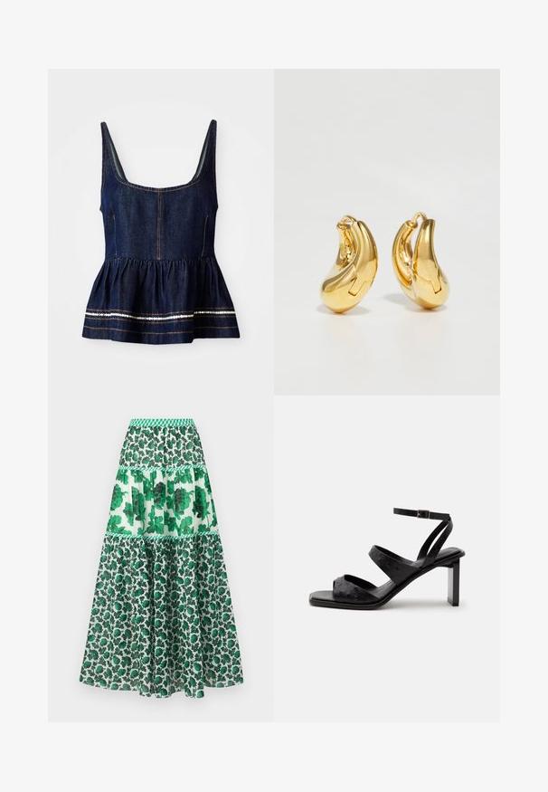 Dame denim peplum top i mørkeblue med firkantet udskæring. Har en samlet nederdel med hvid stikning og detaljer i guldtråd.; Grøn mønstret maxiskørt med en smocket talje. Har et lagdelt design med blomsterprint og forskellige nuancer af grøn.; Sort højhælet sandal med tre remme, en ankelspænde og firkantet tå på hvid baggrund.; Guldringeøreringe med en glat, buet form og poleret overflade. Udstyret med en lukkeanordning og lette fordybninger for detaljer.