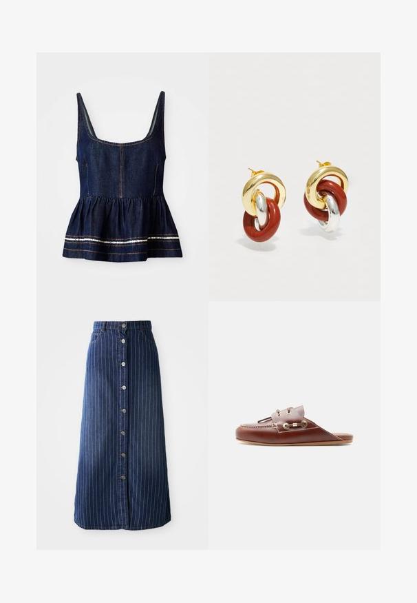 Dame denim peplum top i mørkeblue med firkantet udskæring. Har en samlet nederdel med hvid stikning og detaljer i guldtråd.; Mørk denim maxi nederdel med lodrette hvide striber, knaplukning foran og en let udvidelse i kanten. Har fem knapper og kontrastsyning.; Brun lædersko med slip-on, moc-tå syning, guldøjelets og dekorativ snøredetalje på siden, flad sål, sideprofil.; Guld- og sølvøreringe med sammenflettede løkker, hvor en løkke har en glansfuld rød finish og en poleret tekstur.