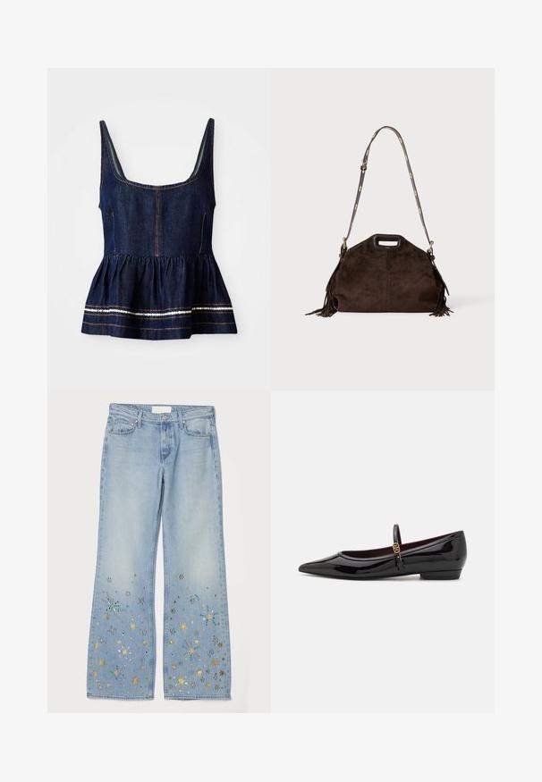 Dame denim peplum top i mørkeblue med firkantet udskæring. Har en samlet nederdel med hvid stikning og detaljer i guldtråd.; Lysblå bredbukser med dekorative pynt, med metallisk guld, sølv og turkise stjernemønstre nær kanten.; Sorte patenterede lædersko med spids tå og en lille blokhæl, udstyret med en slank ankelrem og detalje i guldfarve.; Mørkebrun ruskindstaske med topudskåret håndtag, justerbar skulderrem med gulddetaljer og frynser i siderne.
