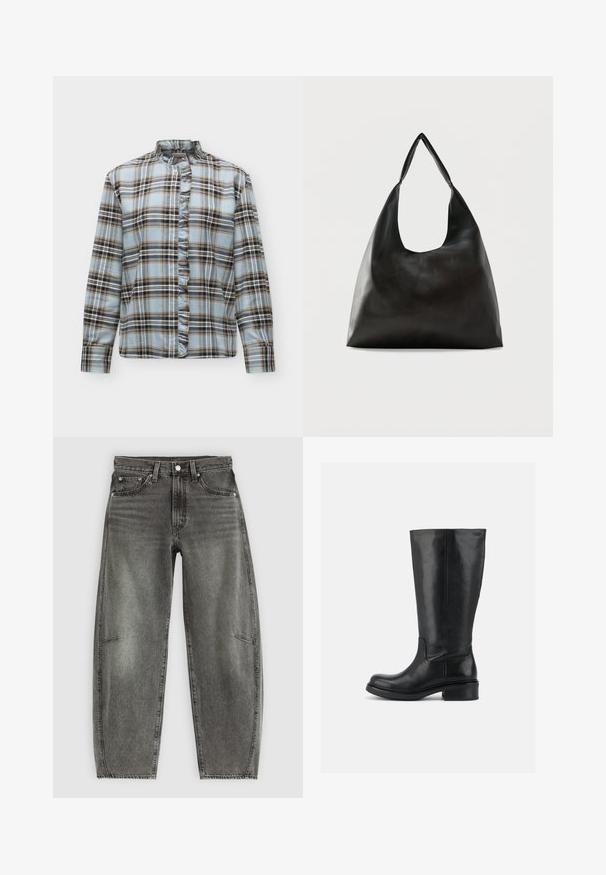 Lichtblauw geruit overhemd met lange mouwen, met bruine en zwarte strepen, gerimpelde knoopsluiting en een opstaande kraag op een witte achtergrond.; Hoge taille grijs gewassen denim jeans met vijf zakken, knoopsluiting en een ontspannen rechte pasvorm.; Hoge zwarte leren laars met lage blokhak en afgeronde neus, glad bovenwerk met minimale naden op effen achtergrond.; Zwarte schoudertas van glad leer met een brede, enkele band en een nonchalant, minimalistisch ontwerp tegen een effen achtergrond.