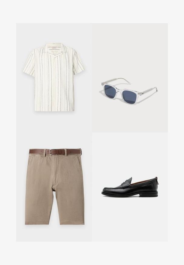Chemise à manches courtes, blanche, boutonnée avec des rayures verticales noires et beiges et un col camp, présentée sur un fond clair et plat.; Shorts en coton beige à coupe droite, dotés d'une ceinture en cuir marron et de poches latérales, avec une texture lisse et des ourlets soigneusement finis.; Mocassin homme en cuir noir avec couture moc toe, bride penny, col texturé et petit talon empilé sur fond blanc.; Lunettes de soleil en plastique transparent avec des verres bleu foncé, de forme rectangulaire, dotées d'accents décoratifs en argent sur les branches et d'un motif texturé sur les tempes.