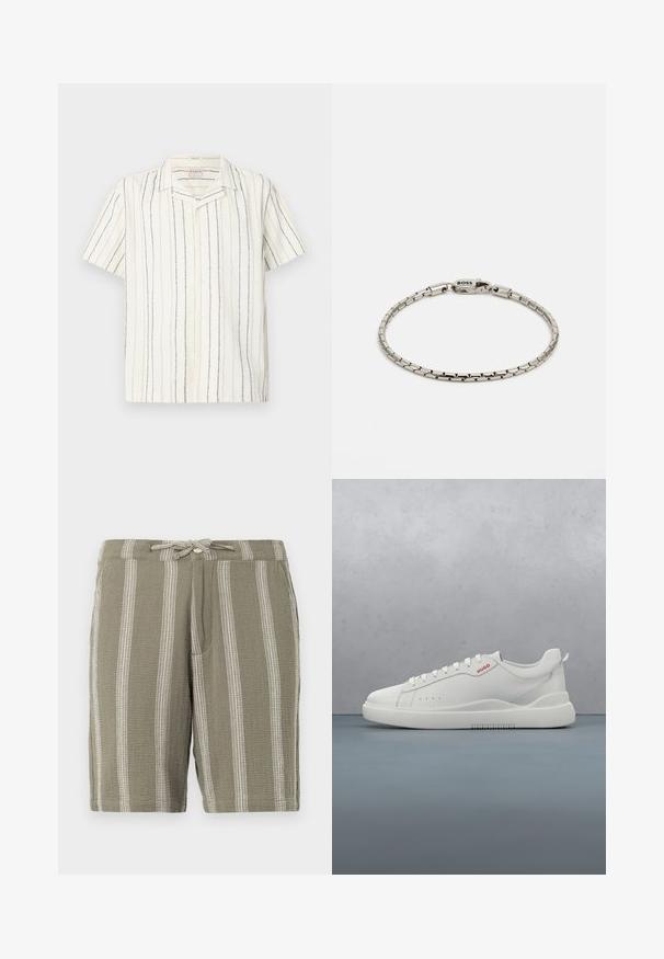 Camisa blanca de manga corta con botones, con rayas verticales en negro y beige y un cuello tipo campamento, mostrada sobre un fondo claro y plano.; Pantalones cortos verdes de tela texturizada, con rayas blancas verticales, una cinturilla ajustable con cordón y bolsillos laterales inclinados.; Zapatilla blanca con un acabado de cuero liso, punta redonda, cuatro ojales, perforaciones sutiles y un detalle de logo rojo en el lateral.; Pulsera de metal plateado con un diseño enlazado, que cuenta con un cierre con el logo "BOSS". Textura suave y estilo minimalista.