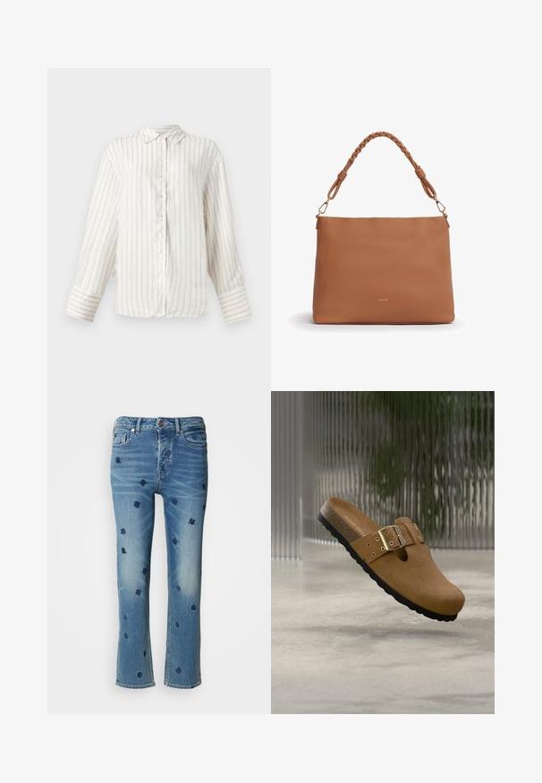 Weißes Langarmhemd mit feinen beigen vertikalen Streifen, Knopfverschluss vorne und klassischem Kragen. Breite Manschetten mit passendem Streifenmuster.; Hellblaue Jeans aus Denim mit geradem Bein, verziert mit navyblauer floralem Stickerei und einem Used-Look-Effekt nahe den Taschen und dem Saum.; Brauner Wildleder-Slipper-Clog mit verstellbarem Schnallenriemen und schwarzer Sohle, schwebend über einer grauen Oberfläche mit unscharfem Hintergrund dargestellt.; Braune Lederhandtasche mit geflochtenem Griff und goldenen Verschlüssen, rechteckige Form und kleines goldenes Markenlogo, zentriert in der Nähe des Bodens.