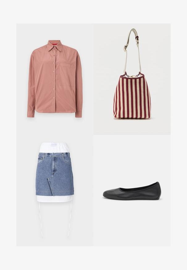 Langærmet, knap-op skjorte i støvet pink, lavet af blødt stof. Har en brystlomme og en struktureret krave. Knapperne er farvematchede.; Denim nederdel med en blå krop, hvid perforeret talje og snoretræk. Har forlommer og en lige pasform med rå kant.; Sort læderballetsko med rund tå, glat tekstur, minimal syning og et fleksibelt såldesign.; Skuldertaske med røde og beige lodrette striber, guldfarvet hardware og en justerbar cremefarvet rem med flettet detalje.