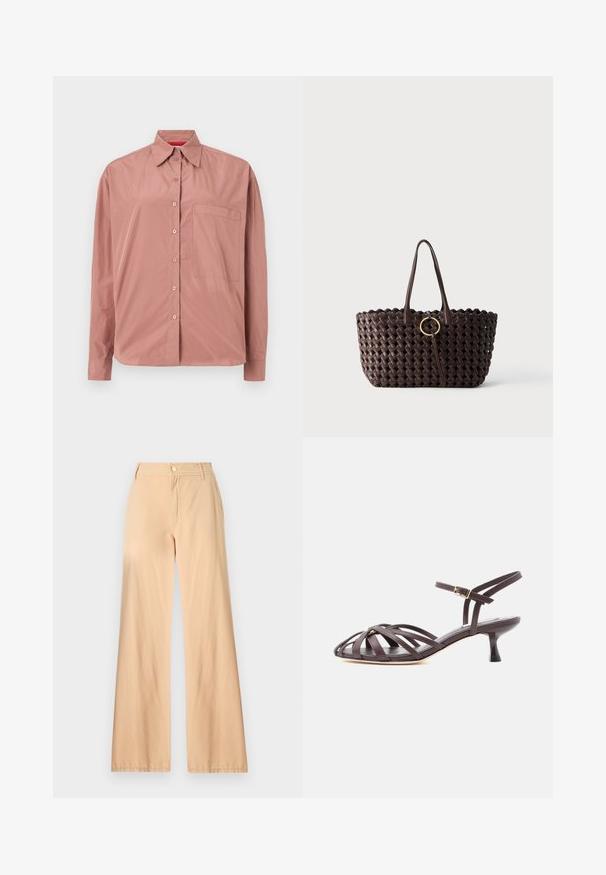 Chemise à manches longues boutonnée en rose poussiéreux, en tissu lisse. Présente une poche poitrine et un col structuré. Boutons assortis en couleur.; Pantalons larges beiges en coton, dotés d'une fermeture éclair à l'avant, d'une fermeture à bouton et de deux poches latérales avec une texture lisse.; Sandale à talon kitten en cuir marron foncé avec lanières et bride de cheville réglable à boucle sur fond blanc.; Sac cabas tissé marron foncé avec deux poignées et un détail boucle circulaire dorée au centre sur fond uni.