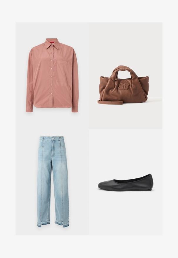 Chemise à manches longues boutonnée en rose poussiéreux, en tissu lisse. Présente une poche poitrine et un col structuré. Boutons assortis en couleur.; Jean en denim bleu clair avec jambes larges, taille haute et ourlet effiloché. Comprend deux poches avant et des coutures visibles le long des coutures.; Ballerines en cuir noir avec un bout rond, texture lisse, détails de couture minimalistes et design de semelle flexible.; Sac à main en cuir marron doux avec des poignées courtes, un logo brodé à l'avant et une longue bandoulière amovible sur un fond clair uni.