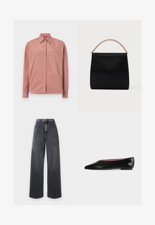 Chemise à manches longues boutonnée en rose poussiéreux, en tissu lisse. Présente une poche poitrine et un col structuré. Boutons assortis en couleur.; Jean large taille haute en denim gris foncé avec des détails décolorés, présentant une fermeture à bouton à l'avant et un design traditionnel à cinq poches.; Chaussure plate en cuir noir pour femme, avec bout pointu et petit talon, vue de côté sur un fond gris clair uni.; Sac noir en tissu lisse, présentant une forme structurée, une poignée en chaîne dorée et un design géométrique minimaliste.