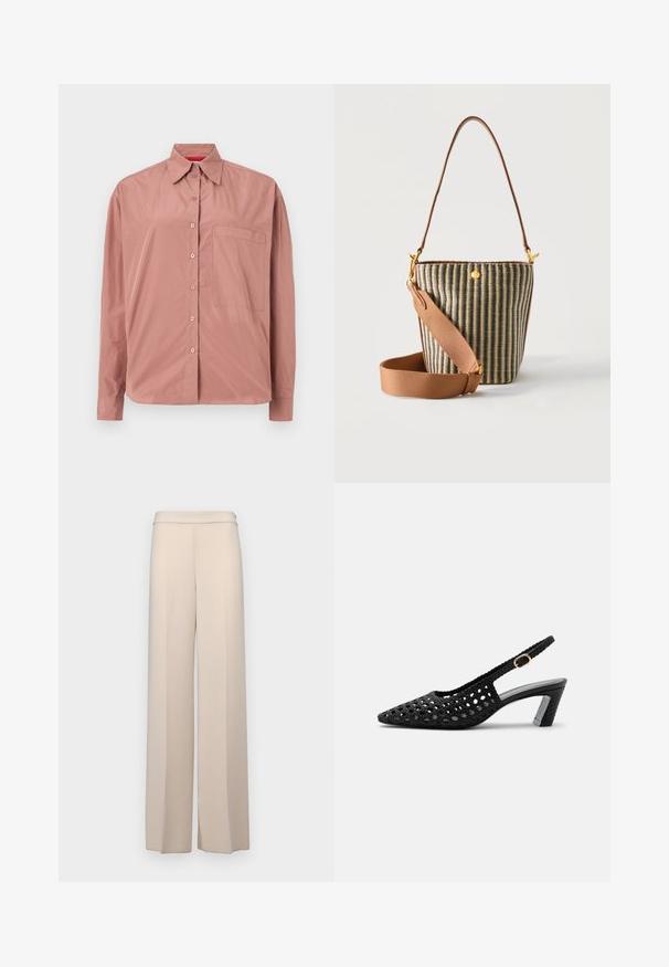Langærmet, knap-op skjorte i støvet pink, lavet af blødt stof. Har en brystlomme og en struktureret krave. Knapperne er farvematchede.; Beige vidde bukser i et glat stof med høj talje og subtile frontfolder. Ingen lommer eller synlige hardware detaljer.; Sort vævet slingback-sko med lav blokhæl og guldbeklædning på sidespændet, vist i profil mod ensfarvet baggrund.; Lille spandtaske med lodrette sorte og beige striber, justerbar skulderrem i tan og tynd hank mod en hvid baggrund.