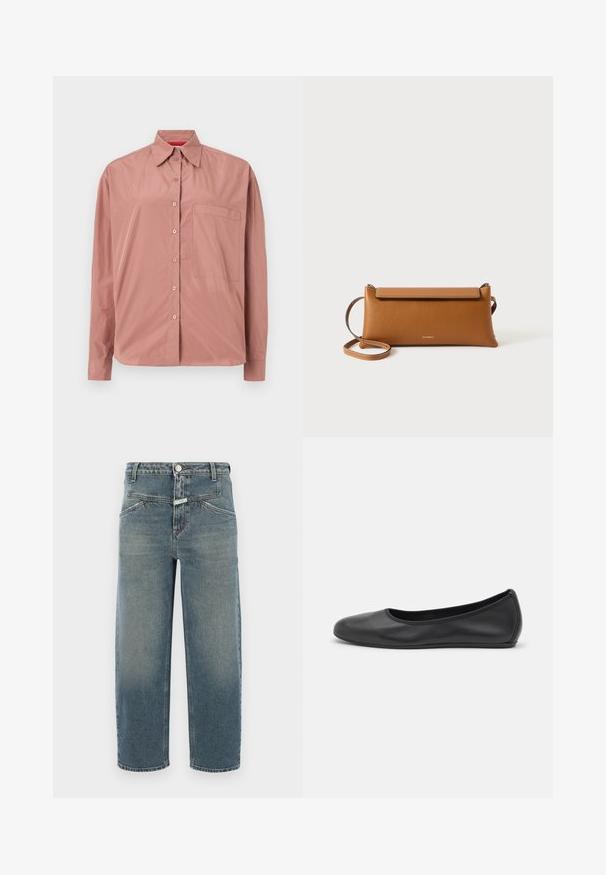Langærmet, knap-op skjorte i støvet pink, lavet af blødt stof. Har en brystlomme og en struktureret krave. Knapperne er farvematchede.; CLOSED STOVER X - Jeans Tapered Fit - mid blue; Sort læderballetsko med rund tå, glat tekstur, minimal syning og et fleksibelt såldesign.; Brun læder clutch taske, rektangulær form, tekstureret overflade, aftagelig rem, lynlås lukning, diskret logo præget på forsiden.