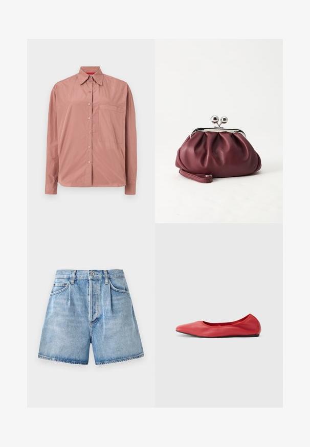 Chemise à manches longues boutonnée en rose poussiéreux, en tissu lisse. Présente une poche poitrine et un col structuré. Boutons assortis en couleur.; Shorts en denim bleu clair à taille haute, présentant une fermeture à bouton et à zip, des poches avant et un ourlet effiloché.; Filippa K REY FLATS - Ballerines - bright red; Petit sac pochette en cuir bordeaux avec fermoir métallique argenté et bracelet sur fond blanc.