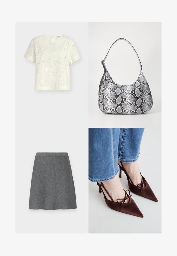 Blouse blanche à manches courtes avec broderie ajourée florale, col rond et fermeture éclair au dos.; Jupe en laine grise avec une taille ajustée, forme évasée et texture lisse. Pas de poches ni de détails métalliques visibles.; Simmi London KLARA - Escarpins à talons hauts - chocolate; Sac à épaule en simili cuir noir et blanc avec imprimé serpent, de forme arrondie, texture lisse et bandoulière incurvée. Présente un accent en matériel argenté.