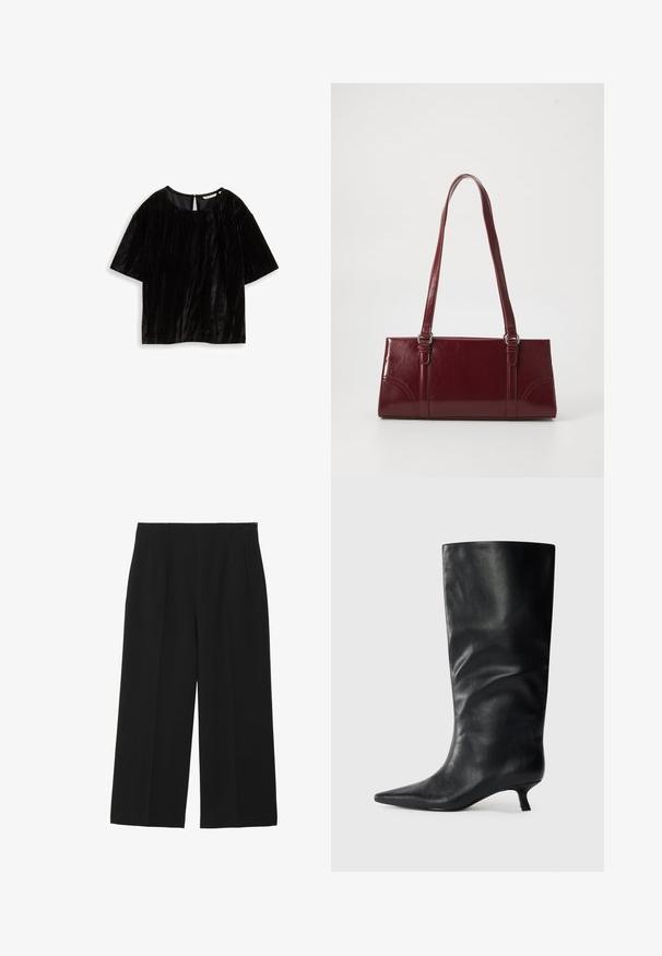 Haut noir à manches courtes en tissu texturé, avec un col rond et une ouverture en forme de clé au dos. Détails de design froissés.; Pantalons larges noirs en tissu lisse, avec deux poches avant, un devant plat, et une fermeture éclair sur le côté.; Bottes en cuir noires jusqu'aux genoux avec un bout pointu et un petit talon, présentées sur un fond clair.; Sac à main bordeaux en matériau brillant, de forme rectangulaire, avec deux anses et des accents légèrement courbés à l'avant.