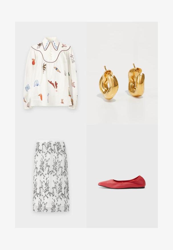 Blouse blanche à manches longues avec des motifs abstraits et botaniques brodés, grand col pointu avec des tourbillons bleus, et fermeture à boutons à l'avant.; Jupe plissée blanche avec broderie florale noire, dotée d'une taille confortable et d'une coupe longueur genou. Tissu léger et transparent.; Filippa K REY FLATS - Ballerines - bright red; Boucles d'oreilles créoles en or massif avec un design tubulaire légèrement tordu et des fermoirs à tige sur un fond blanc.