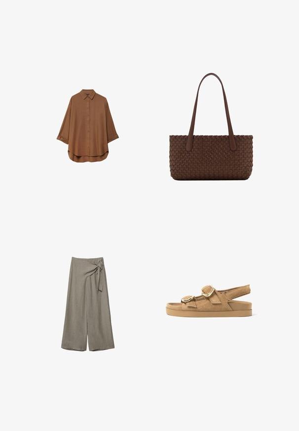 Chemise brune à boutons, fabriquée en tissu léger. Présente un col classique, des manches longues avec des poignets retournés et un ourlet arrondi.; Pantalon taupe à jambes larges, taille haute avec un détail de nœud en tissu sur le côté droit.; Sandale plate en daim beige avec deux larges brides dotées de boucles dorées et une bride arrière réglable sur une semelle épaisse en caoutchouc.; Sac à main en cuir marron avec un motif tissé, avec deux longues anses fines pour un port à l'épaule.