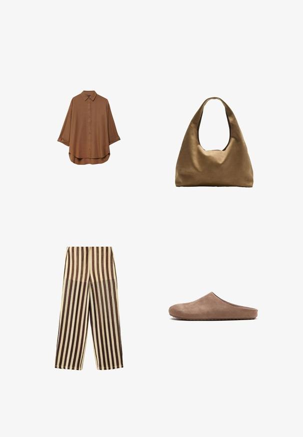 Chemise brune à boutons, fabriquée en tissu léger. Présente un col classique, des manches longues avec des poignets retournés et un ourlet arrondi.; Pantalon à jambes larges avec des rayures verticales dans différentes nuances de marron et beige, en tissu texturé.; Mule en daim marron à enfiler avec bout rond fermé et semelle plate texturée, photographiée de profil sur un fond blanc.; Sac à épaule en tissu marron avec un corps large et arrondi et une grande poignée découpée. Texture douce, design minimaliste et aucun matériel visible.