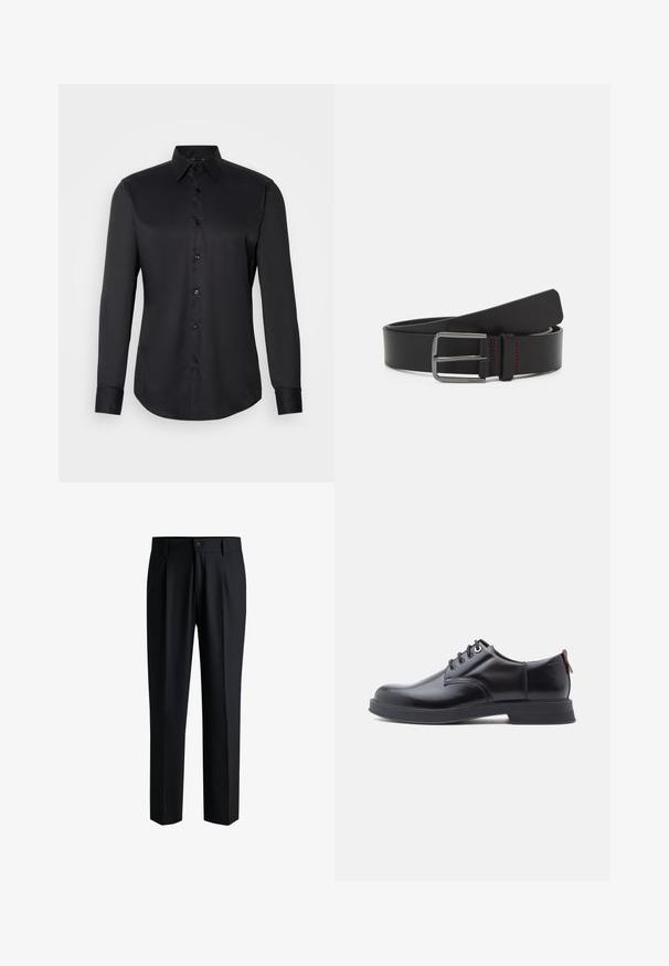 Chemise noire à manches longues en tissu lisse, dotée d'un col classique et d'une fermeture à boutons sur le devant.; Pantalons noirs en tissu lisse, avec une coupe droite, des plis à l'avant et une fermeture à bouton avec passants de ceinture.; Chaussures en cuir noir à lacets avec une texture lisse, un bout arrondi et des détails de couture discrets. Présentent une languette rouge à l'arrière.; Ceinture en cuir noir avec un design plat, boucle métallique et détail de couture rouge. Texture lisse et extrémités arrondies.