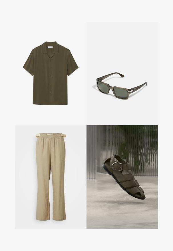 Chemise olive à manches courtes en tissu lisse, dotée d'un devant à boutons et d'un col classique. Des détails de couture subtils sont visibles.; Pantalons beige à jambes larges en tissu léger. Taille élastique avec cordon de serrage. Comprend des poches avant et des jambes droites.; Sandale en cuir marron avec plusieurs brides et une boucle argentée, présentée sur un fond en verre texturé flou sur un sol lisse.; Lunettes de soleil rectangulaires marron avec des verres vert foncé. Présentent des branches noires à motifs et des accents métalliques sur les côtés. Monture en plastique légère.