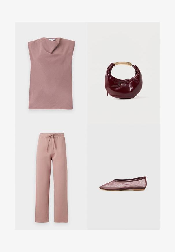 Ærmeløs lilla top med draperet bådudskæring og blødt, tekstureret stof på en ensfarvet baggrund.; Svedpants i blødt pink stof med snor i taljen, bred bendesign og lige kant med diskrete stikninger.; Bordeaux net ballet flad med spids tå og tynd sål, der fremhæver et minimalistisk og åndbart design.; Bordeaux farvet faux læder handbag med en afrundet form, samling detaljer og et guldtonet metalhåndtag. Glat tekstur og blank finish.