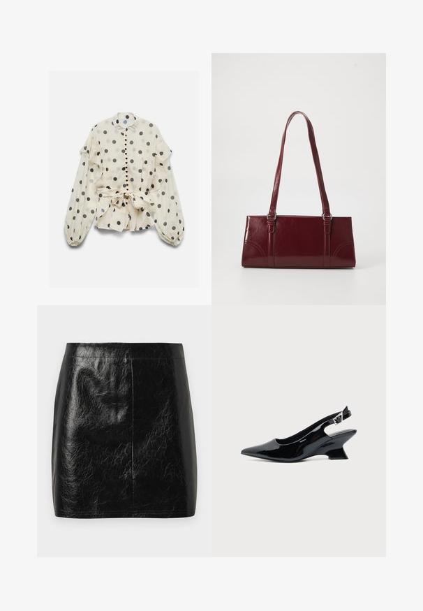 Blouse crème à pois noirs, détails à volants, boutons en forme de cœur, manches longues bouffantes et nœud à la taille.; Jupe mini en cuir synthétique noir avec une texture lisse et brillante, présentant une coupe droite et des coutures minimales au niveau de la taille.; Chaussure slingback en cuir verni noir avec bout pointu et petit talon bloc incliné sur fond clair uni.; Sac à main bordeaux en matériau brillant, de forme rectangulaire, avec deux anses et des accents légèrement courbés à l'avant.