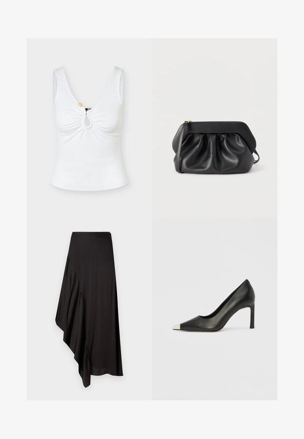 Witte mouwloze geribbelde tanktop met een sleutelgat uitsnijding en een klein beige knoopdetail bij de halslijn.; AERON ASTER SKIRT - Kokerrok - black; Zwarte leren hoge hak met een spits toelopende neus en een metalen zilverkleurige kap. Heeft een gladde afwerking en een slanke hak van 10 cm.; Zwarte leren clutch met een gestructureerd frame, geplooide details en een smalle polsband, op een witte achtergrond.