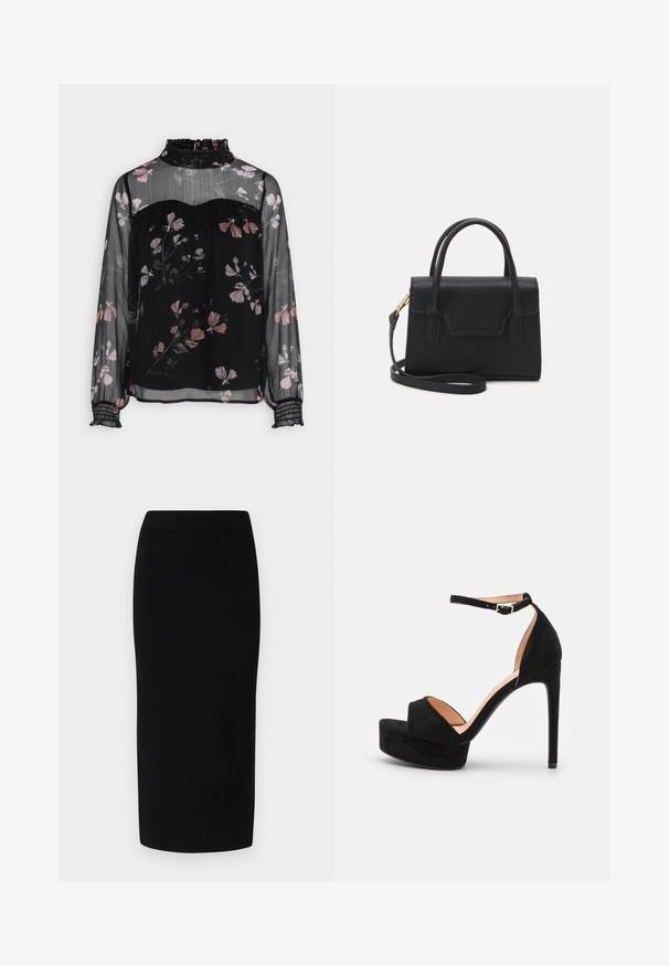 Vero Moda VMMARYA HIGHNECK - Blouse - black/kaya; Jupe midi en tricot noir avec une silhouette ajustée, dotée d'une large taille élastique et d'une texture lisse, sans motifs ou accents discernables.; Sandale à talons hauts en daim noir avec une semelle compensée, bride de cheville avec quincaillerie en argent, design à bout ouvert et texture lisse.; Sac à main structuré noir en cuir avec une poignée supérieure, une bandoulière détachable et un détail à rabat à l'avant. Accents en matériel doré.